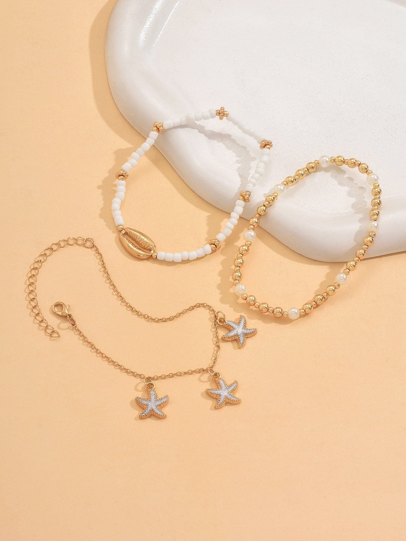 Boho Layered Ankle Bracelet Set With Gold Starfish Charms